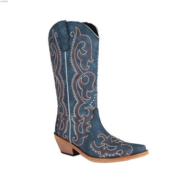 Дамски каубойски ботуши син цвят, удобни каубойски ботуши в стил уестърн, доброто обувки с бродерия до средата на прасците