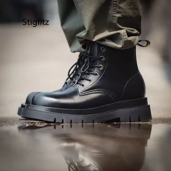 Черни работни обувки, мъжки ботильоны на дебела подметка с шнур, дамски кожени непромокаеми нескользящие износоустойчиви обувки за дербито с кръгло бомбе