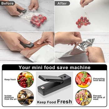 Мини-Опаковчик на пакети-преносими ръчни Акумулаторни вакуум термосвариватели и нож 2в1 за съхранение на хранителни продукти в пластмасови торби, 2 бр. Черно 5
