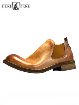 Реколта ръчно изработени обувки от естествена телешка кожа, мъжки бизнес ежедневни обувки Челси в британски стил с кръгла пръсти, големи размери 45 46