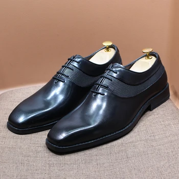 Класически мъжки модел обувки от телешка кожа, с однотонным пръсти, дизайнерски oxfords дантела, офис костюм за сватбени партита ръчно изработени, официалните обувки за мъже