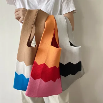 1 бр. вязаная чанта-тоут, женствена чанта през рамо, модерна чанта-тоут форма жилетка, цветни дамски тканая чанта за пазаруване, чанта през рамо 0