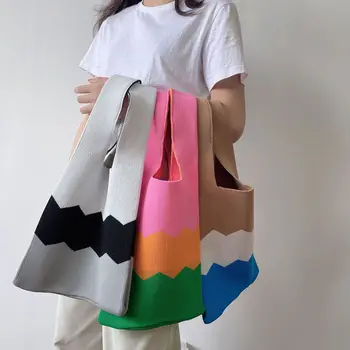 1 бр. вязаная чанта-тоут, женствена чанта през рамо, модерна чанта-тоут форма жилетка, цветни дамски тканая чанта за пазаруване, чанта през рамо 1
