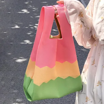 1 бр. вязаная чанта-тоут, женствена чанта през рамо, модерна чанта-тоут форма жилетка, цветни дамски тканая чанта за пазаруване, чанта през рамо 5