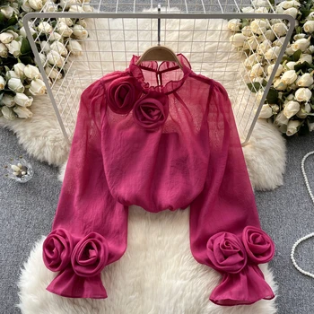 Дамски скъпа блуза с волани, расклешенный ръкав, риза с дълъг ръкав в цветчета, сладък прозрачни модни върхове, Blusa Mujer LB032