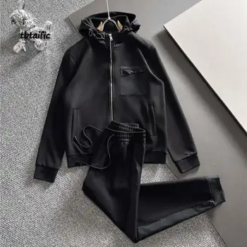 Класически Черен спортен костюм Сако, Панталон-Костюм с качулка Случайни Бягане Метални букви Унисекс