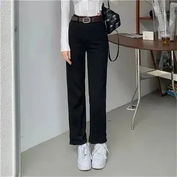 Дамски дънки универсални панталони в корейски стил, дънкови Реколта черни обикновена панталони с висока талия, есенен шик уличен casual