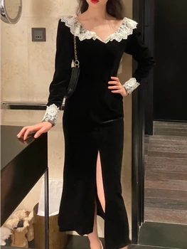 Дантелени реколта рокли LZEQuella, женски, черно темпераментное тънката рокля с цепка отстрани, Елегантна вечерна рокля в ретро стил за жени