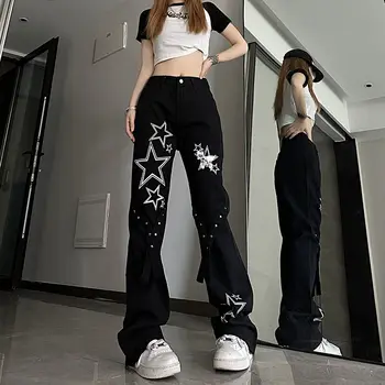 Панталони с декорации, дънки с висока талия, черни дънкови панталони с графичен расклешенным фигура, женски разкроена разкроена панталони