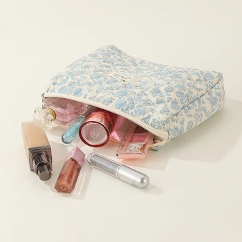 Дамски Стеганая косметичка от памук с принтом, естетичен чантата си за тоалетни принадлежности, голям капацитет, с цип, клатч за ежедневна употреба за момичета