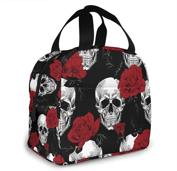 Чанта за обяд Sugar Roes Flowers Skull Skeleton За жени, Изолиран обяд-бокс С преден джоб за работа, Множество чанта-хладилник