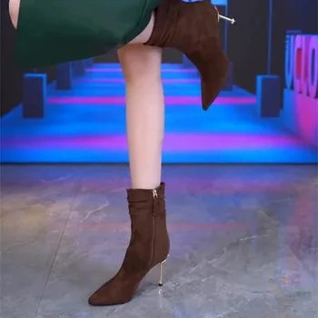 Секси дамски къси ботуши със страничен цип, есен и зима 2023, Нови темпераментни тесни обувки с високи токчета, женските 3