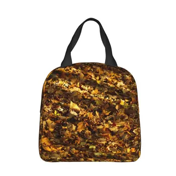 Златен килим от листа, чанта за обяд с изолация, камуфлаж от естествено дърво, дамски детска чанта-хладилник, Термосумка, преносим обяд-бокс, чанта за лед