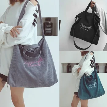 Вельветовая чанта-тоут, Корейската холщовая чанта, дамски проста и художествена чанта през рамо с бродирани букви, по-голямата голям чанта през рамо