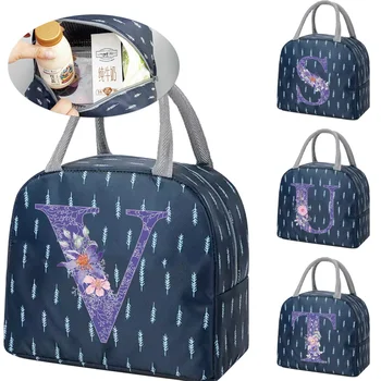 Чанта за обяд от хранително-вкусовата изолация, дамски чанти-хладилник за пикник, детски работна преносима термосумка за обяд, пакет с лед, чанти-тоут с виолетови цветни букви