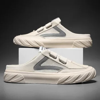 Летни Нови мрежести обувки, мъжки тенденция, на хладно Куха Лека дишаща Ежедневни бели обувки Baotou, Мъжки ежедневни спортни чехли