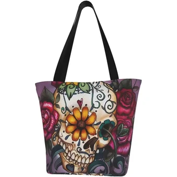Холщовая чанта-тоут със захарен череп и цветове, голяма дамски ежедневни чанта през рамо, множество чанта за пазаруване на открито