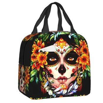 Хелоуин Катрина Захарен Череп Изолирано чанта за обяд за къмпинг Деня на Мъртвите в Мексико Дама Охладител Термален обяд-бокс за жени и деца