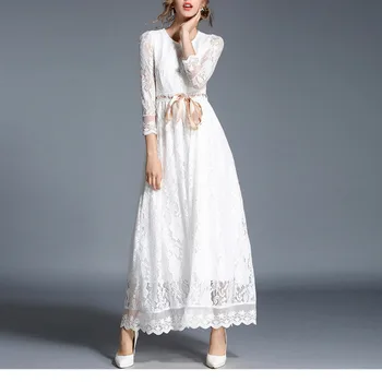 Висококачествено дамско Бяла дълга рокля, на Новост на пролетта 2023, ръкавите към китките си, Куха лейси Надценка талия с вратовръзка, Елегантни дамски рокли сватба