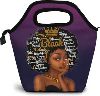 Афроамериканская дамски термосумка за обяд Afro Момиче Bag Lunch Kit Случайна кутия-хладилник за еднократна употреба за пътуване, пикник, работа, обучение