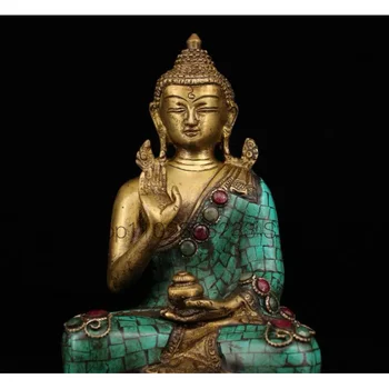 Съберете китайска тибетскую статуята на Шакямуни ръчно изработени от чиста мед с инкрустация на скъпоценни камъни и позлатени