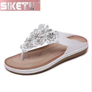 Обувки SIKETU, дамски сандали на равна подметка, дамски сандали от изкуствена кожа, трансгранични богемные кристали, удобна плажна лятна дамски обувки на плоска подметка