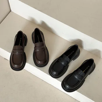 Дамски черни кожени обувки на равна подметка в британския стил, пролет и есен, обувки от мека кожена подметка, Лятна професионална работа