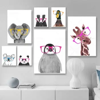 Модни животни с очила Художествени картини върху платно Реколта плакати и щампи Пингвин Жираф на стената Художествени картини Начало декор
