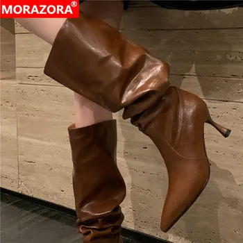 MORAZORA / 2023 Нови ботфорты над коляното, без закопчалка, плисе дамски обувки от естествена кожа, хит на продажбите, зимните обувки на тънък висок ток