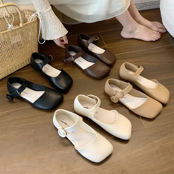 Балет апартаменти Bailamos Пролет Есен Лаконичен Кожени сандали с каишка и катарама от Дамски обувки на плоска подметка с квадратни пръсти Mujer