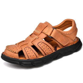 Мъжки сандали от естествена кожа, лятна мъжки обувки, чехли, с отворени пръсти, меки сандали, мъжки римска удобна градинска и плажна обувки за ходене 0
