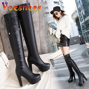 Модни ботуши с дълги ръкави, есенно-зимни дамски непромокаеми обувки на платформа и висок ток, Меки еластични ботуши над коляното