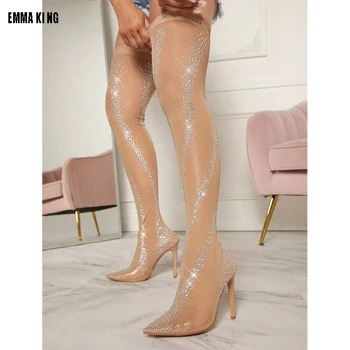 2023 Модни дамски ботфорты над коляното на висок ток с кристали и диаманти за стриптийз, ботуши над коляното, обувки 44