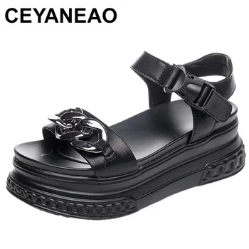 Дамски сандали на платформа 7 см, Обувки на танкетке от естествена кожа, Летни дамски сандали с отворени пръсти, плажни обувки, Лятна Дамска мода 2023