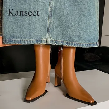 Kanseet/ Модни Дамски Полусапожки с квадратни пръсти, есен-зима, обувки от естествена кожа с цип, Тесни ботильоны на висок ток, кафяв 41 г.