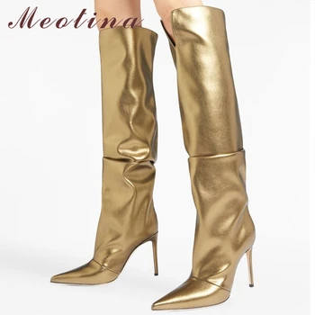 Meotina Дамски ботуши до коляното с остри пръсти на тънък висок ток Нагънат метални ботуши Дамски модни обувки за Есен-Зима Злато 43
