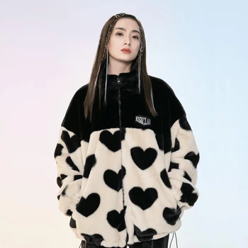 Модерно яке от овча вълна с принтом във формата на сърце, Дамско Зимно Гъст Топло палто с яка-часова, Дамски Свободна Руното горна дреха с цип от изкуствена кожа
