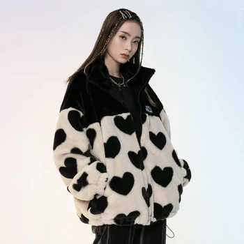 Модерно яке от овча вълна с принтом във формата на сърце, Дамско Зимно Гъст Топло палто с яка-часова, Дамски Свободна Руното горна дреха с цип от изкуствена кожа 2