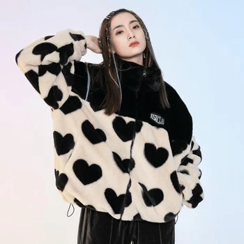 Модерно яке от овча вълна с принтом във формата на сърце, Дамско Зимно Гъст Топло палто с яка-часова, Дамски Свободна Руното горна дреха с цип от изкуствена кожа 3