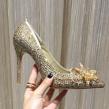 Дамски обувки-лодка с остри пръсти, покрити със златни кристали, Луксозни дизайнерски сватбени обувки С кристали на висок ток с квадратна катарама без закопчалка за булката