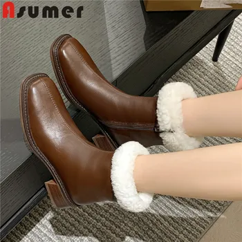 ASUMER / 2023, нови зимни ботуши на платформа от дебели плюшени, дамски модни зимни обувки от естествена кожа, дамски ботильоны с цип