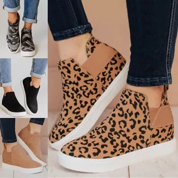 Дамски Вулканизированная обувки 2023, Модни Леопардовая Нескользящая ежедневни обувки за мързеливите, по-големи размери, дамски ежедневни обувки с еластична лента
