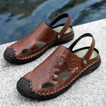 Мъжки сандали от естествена кожа, летни мъжки ежедневни чехли Baotou, Удобни мъжки сандали без закопчалка, улични туристически сандали