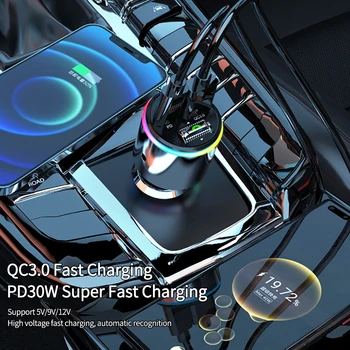 Автомобилен Bluetooth Mp3-плейър Автомобилното безжично зарядно устройство PD30w QC3.0 Бързо зареждане AUX-плейър Детектор за напрежение с подсветка на атмосферата 2