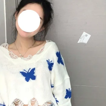 Корейски модерен Графичен вязаный пуловер Woman Harajuku Sweet, скъсяване на върховете Оверсайз с открити рамене, всекидневни Свободен скок Y2K 1
