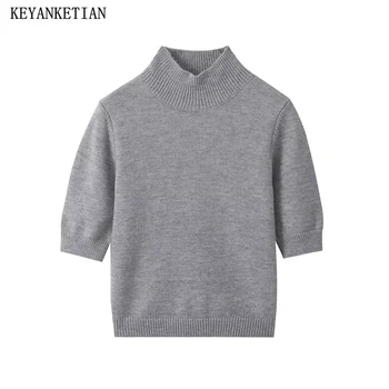 KEYANKETIAN 2024, Нов дамски пуловер с имитация на врата и къс ръкав, пуловер, пролетно облекло за почивка, вязаный топ сив цвят