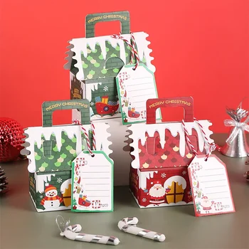 5шт Пакети за Коледни подаръци от Крафт-хартия във формата на домове, опаковки за шоколадови бонбони и бисквити, Зелени и Червени, Опаковки, кутии, Окачване под формата на Елхи, декорация за партита 0