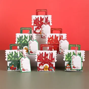 5шт Пакети за Коледни подаръци от Крафт-хартия във формата на домове, опаковки за шоколадови бонбони и бисквити, Зелени и Червени, Опаковки, кутии, Окачване под формата на Елхи, декорация за партита 1