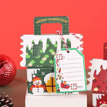5шт Пакети за Коледни подаръци от Крафт-хартия във формата на домове, опаковки за шоколадови бонбони и бисквити, Зелени и Червени, Опаковки, кутии, Окачване под формата на Елхи, декорация за партита 2