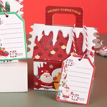 5шт Пакети за Коледни подаръци от Крафт-хартия във формата на домове, опаковки за шоколадови бонбони и бисквити, Зелени и Червени, Опаковки, кутии, Окачване под формата на Елхи, декорация за партита 3